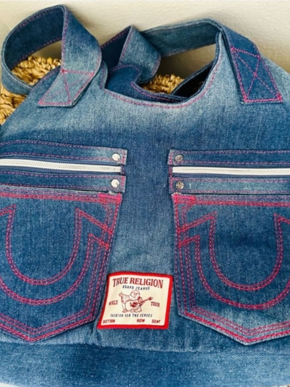 True Religion Denim Shoulder Bag with Pink Stitching - Picture 3 of 10